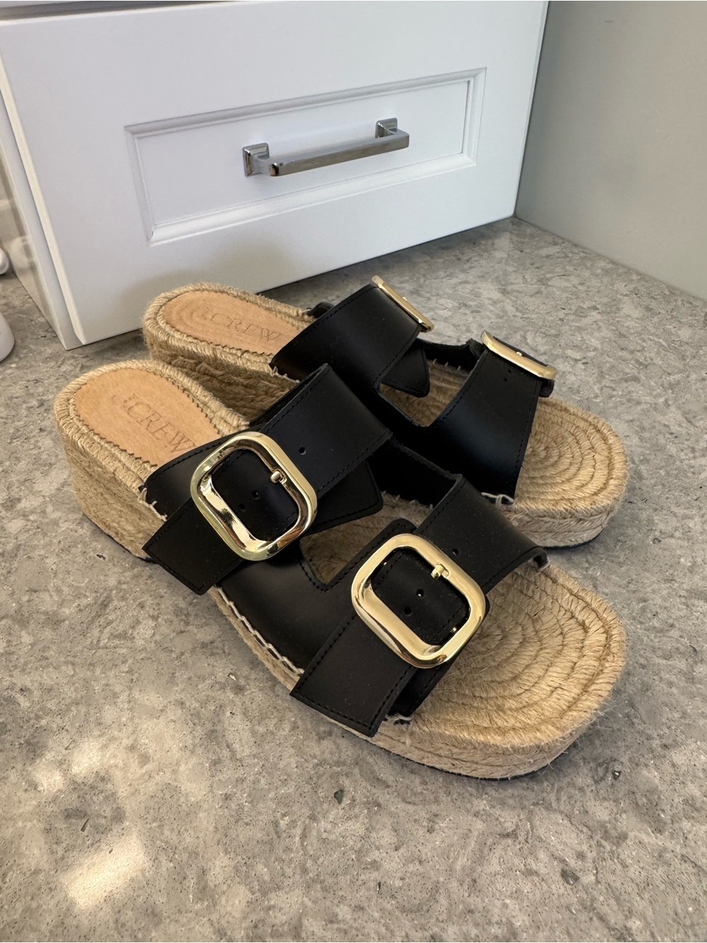 Women's Black Espadrille Slide Sandals with Gold Buckles